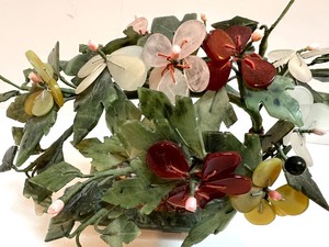 Jade Bonsai Tree Sculpture with Multi-Color Carved Stone Flowers