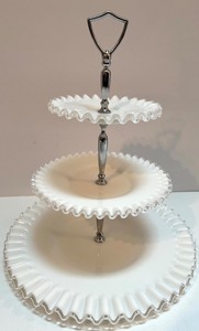lot 7 image: Three-Tiered Milk Glass Serving Tray with Ruffled Edges with Bonus Plate