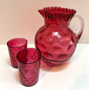 lot 8 image: Fenton Cranberry Coin Dot Pitcher and 2 Tumblers Set