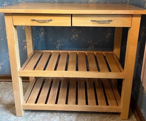lot 20 image: Wooden Kitchen Utility Table with Drawers and Slatted Shelves