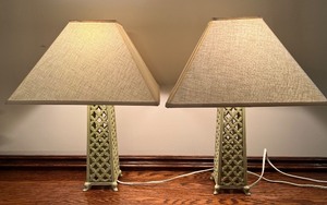 lot 24 image: Pair of Metal Table Lamps with Lattice Design and Square Shades