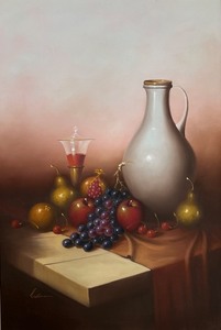 lot 28 image: C. John Wallace Original Oil Painting Still Life with Fruit and Jug