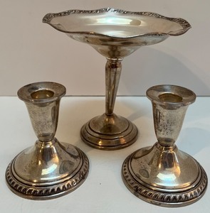 lot 29 image: Lady Atkins Sterling Silver Weighted Pedestal Dish and Duchin Candlestick Set
