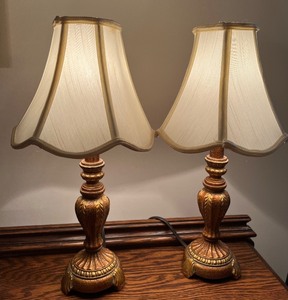 lot 30 image: Pair of Ornate Table Lamps with Fabric Shades