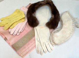 lot 80 image: Vintage Accessories Collection with Pink Sari, Fur Collar, Gloves, and Beaded Hat