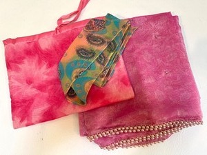 lot 81 image: Traditional Pink Chiffon Saree Set with Pearl Trim and Paisley Sash