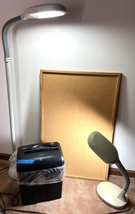 lot 92 image: Office Lot BellHowell Floor Lamp, Desk Lamp, Ativa Shredder, Corkboard