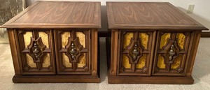 lot 93 image: Pair of Vintage Mid Century Wooden End Tables with Storage Doors