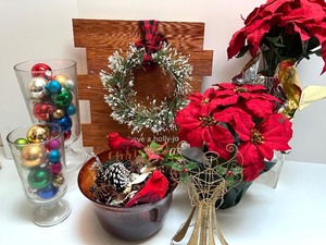 lot 97 image: Holiday Decor Collection with Christmas Sign, Artificial Poinsettias, Ornaments, and Angel Figure