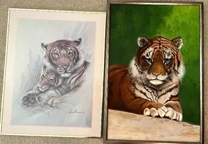 lot 114 image: Signed Framed Tiger Artwork Pair by Karen Nock and Ruane Manning