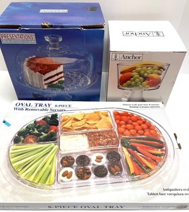 lot 116 image: 3 Piece Glass Serveware Set Cake Plate, Trifle Bowl, and 8-Piece Oval Tray