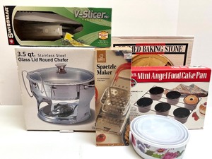 lot 117 image: Kitchenware Bundle Stainless Steel Chafer, V-Slicer, Spaetzle Maker, Baking Stone, Mini Angel Food Cake Pan, Floral Bowl