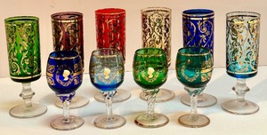 lot 36 image: Set of 10 Vintage Hand-Painted Colored Stemmed Glasses with Gold Details