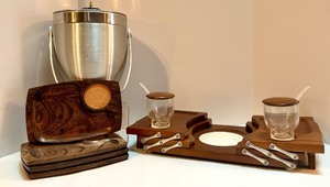 lot 39 image: Mid-Century Barware Set with Stainless Ice Bucket, Wooden Snack Trays, and Condiment Server