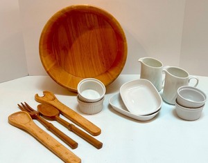 lot 48 image: Wood Salad Bowl Set with Servers and White Porcelain Serveware Collection