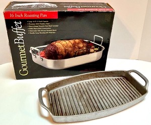 lot 49 image: Gourmet Buffet 16 Inch Stainless Steel Roasting Pan with Rack and Cast Aluminum Grill Pan