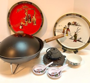 lot 50 image: Asian Style Electric Wok Set with Tang Dynasty Plates, Cast Iron Teapot, and Tableware