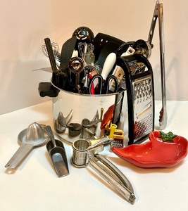 lot 54 image: Large Kitchen Utensil Lot with Graters, Tongs, and Collectible Red Pepper Dish
