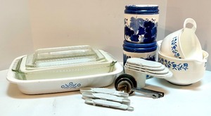 lot 57 image: Vintage CorningWare Cookware Set, Handpainted Canisters, Measuring Cups and Spoons Collection