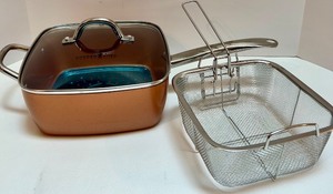 lot 63 image: Copper Chef Deep Square Pan with Lid, Fry Basket, and Steamer Rack