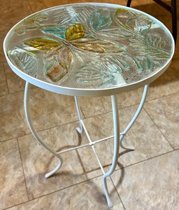 lot 105 image: Glass Top Metal Side Table with Leaf and Butterfly Motif