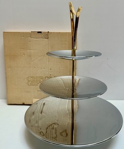 lot 110 image: Vintage 3-Tier Chrome and Gold Metal Dessert Stand with Original Box