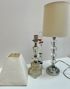 lot 111 image: Crystal Table Lamp Pair with Lamp Shades and Galileo Thermometer
