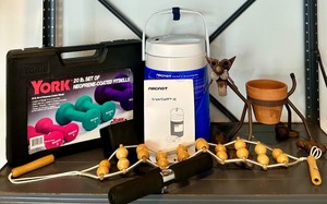 lot 128 image: Exercise and Wellness Lot York Fitbells, Aircast CryoCuff, Vintage Cat Planter, and Massage Roller