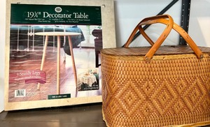 lot 130 image: Decorator Table and Vintage Woven Picnic Basket