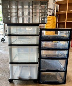 lot 132 image: Lot of 3 Plastic Drawer Storage Organizers and Multi-Drawer Parts Cabinet