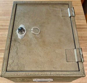 lot 154 image: Vintage Metal Safe Box with Combination Lock and Instructions