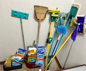 lot 157 image: Large Collection of Cleaning Supplies and Tools with Mops, Brooms, Swiffer, and Handi Wipes