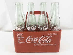 lot 5A image: Set of 8 Unique Cities Vintage Coca-Cola 16 oz Glass Bottles and Red Carrier