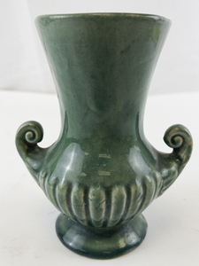 lot 65A image: Vintage Green Ceramic Vase with Decorative Handles