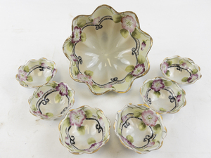 lot 66 image: Antique Hand Painted Porcelain Berry Bowl Set with Floral Design - 7 Pieces