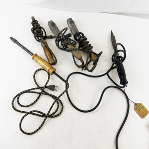 lot 112 image: Lot of 5 Vintage Soldering Irons with Wood and Bakelite Handles