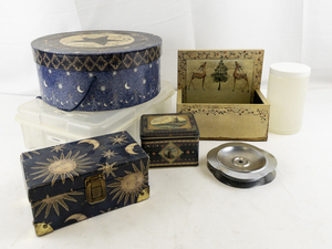 lot 113 image: Decorative Box and Tin Collection with Sun, Moon, and Rustic Designs