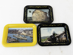 lot 126 image: Set of 3 Vintage Souvenir Metal Trays USS North Carolina Lincolns Birthplace Cass Railroad