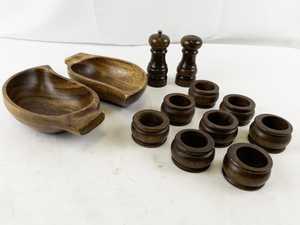 lot 128 image: Wooden Kitchenware Collection with Bowls, Napkin Rings, and Salt & Pepper Mills
