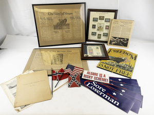 lot 138A image: Collection of Military and Patriotic Memorabilia with WWII Stamps, Newspapers, and Signs