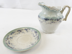 lot 52 image: Vintage Royal Semi-Porcelain Pitcher and Saucer Set, England Floral Pattern