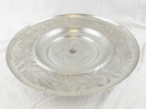 lot 164B image: Vintage Silver Tone Metal Pedestal Cake Plate with Floral Engraving