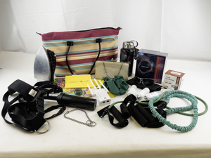 lot 145 image: Household and Fitness Miscellaneous Lot with Tote, Exercise Bands, Iron, Gadgets and Accessories