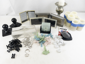 lot 146 image: Miscellaneous Household Decor and Utility Lot with Candle Holders, Frames, Clips, and More