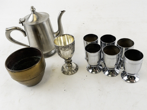 lot 170 image: Vintage Metal Tableware Collection Teapot Goblets Chalice and Bowl