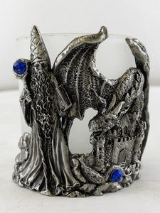 lot 173 image: Wizard and Dragon Themed Frosted Glass Candle Holder with Metal Figurine Base