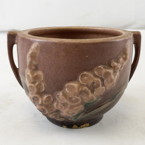 lot 175A image: Roseville Pottery Pink Two-Handled Vase with Floral Relief #175A