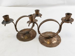 lot 248 image: Pair of Antique Copper Double-Arm Candle Holders