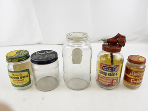 lot 73 image: Collection of 5 Vintage Glass Jars Including Miracle Sandwich Spread, Spray-ette, and Coffee Jar