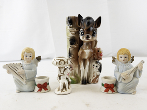 lot 94 image: Vintage Inarco Angel Figurines, Ceramic Deer Planter, and Mini Candle Holders Collection